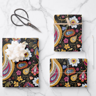 Beautiful Paisley Pattern Black Colourful  Wrapping Paper Sheet