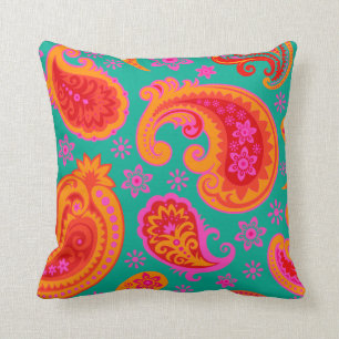 Beautiful Paisley   teal orange red Cushion
