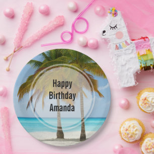 Beautiful Palm Trees on a Tropical Beach Birthday Paper Plate