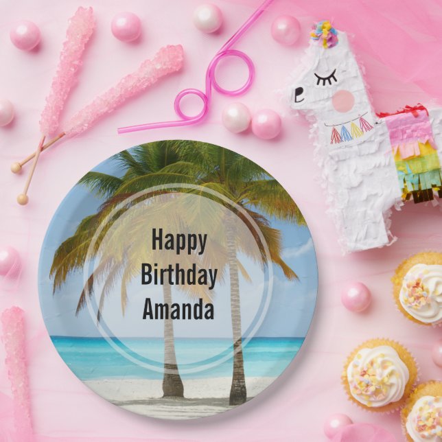 Beautiful Palm Trees on a Tropical Beach Birthday Paper Plate (Party)