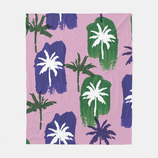 Beautiful palm trees pattern hand painted on pink  fleece blanket (Front)