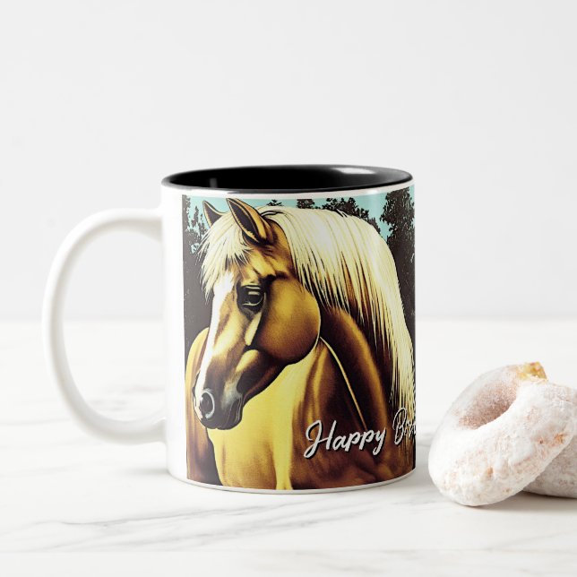 Beautiful Palomino Horse Birthday Two-Tone Coffee Mug (With Donut)