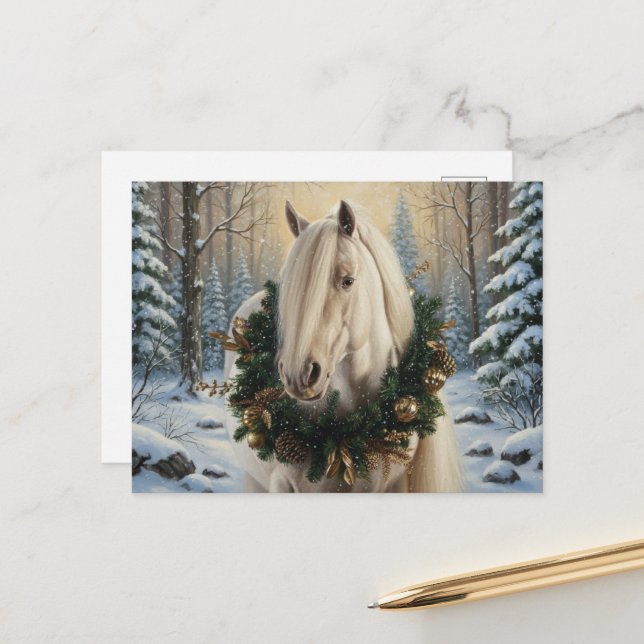 Beautiful Palomino Horse Winter Forest Christmas Postcard