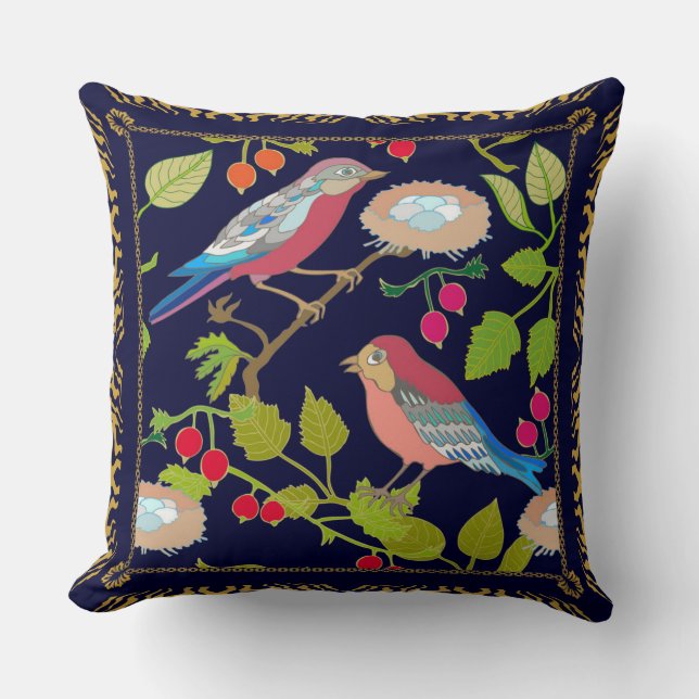 Beautiful Paradise Birds and Red Summer Berries Cushion (Front)