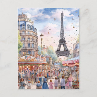 Beautiful Paris Street Scene With Eiffle Tower Art Postcard