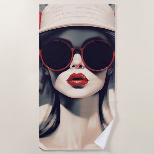 Beautiful Parisian Woman in Red Sunglasses Beach Towel