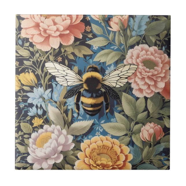 Beautiful Pastel Floral And Bumblebee Ceramic Tile (Front)