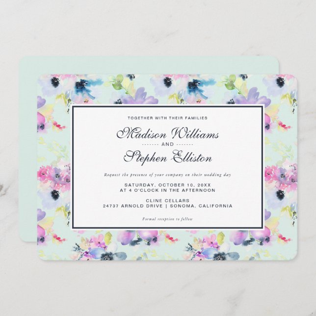 Beautiful Pastel Floral Watercolor - Wedding Invitation (Front/Back)