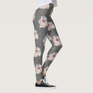 Beautiful Pastel Floral with Dots on Chic Grey Leggings