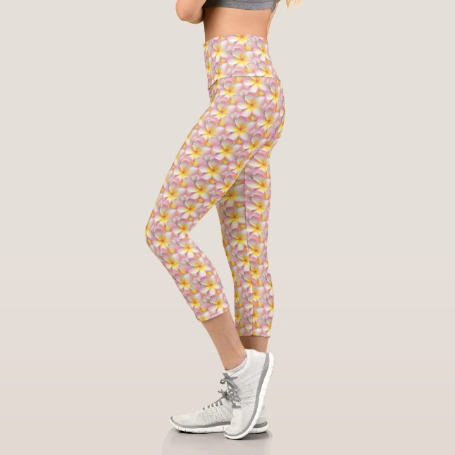 Beautiful Pastel Frangipani Plumeria Flowers Capri Leggings (Left)