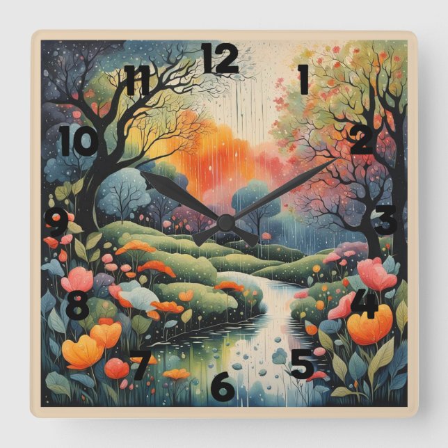 Beautiful Pastel Landscape in Spring Rain Square Wall Clock (Front)