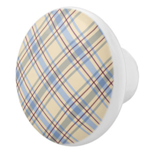 Beautiful pastel scottish plaid beige and blue ceramic knob