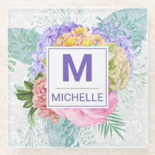Beautiful Pastel Spring Flowers Monogram Glass Coaster