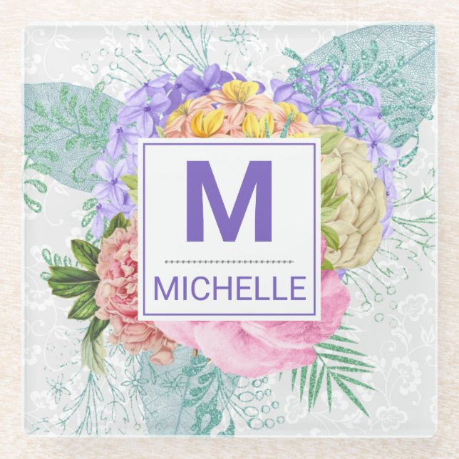 Beautiful Pastel Spring Flowers Monogram Glass Coaster (Front)