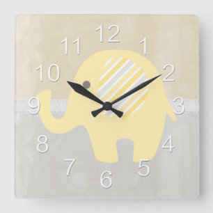 Beautiful Pastel Yellow Baby Neutral Elephant Square Wall Clock