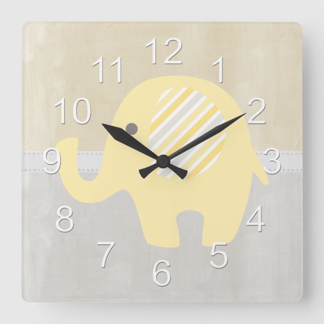 Beautiful Pastel Yellow Baby Neutral Elephant Square Wall Clock (Front)