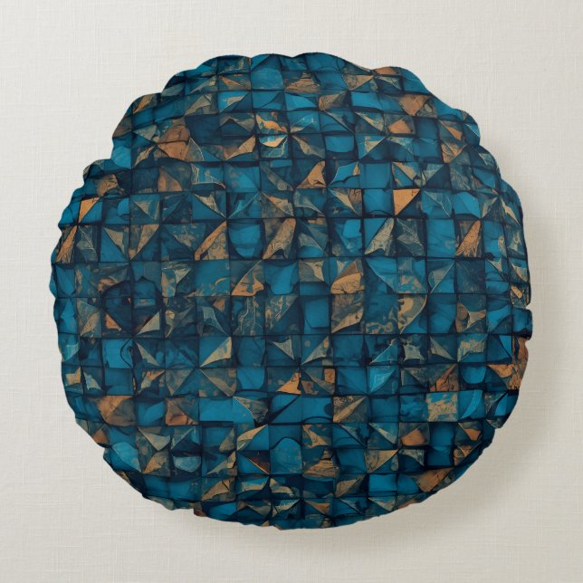 Beautiful Patchwork "Look" in Dark Teal Round Cushion (Front)