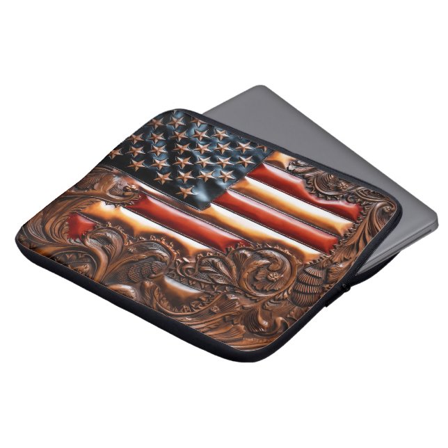 Beautiful Patriotic Western Faux Tooled Leather Laptop Sleeve (Front Top)