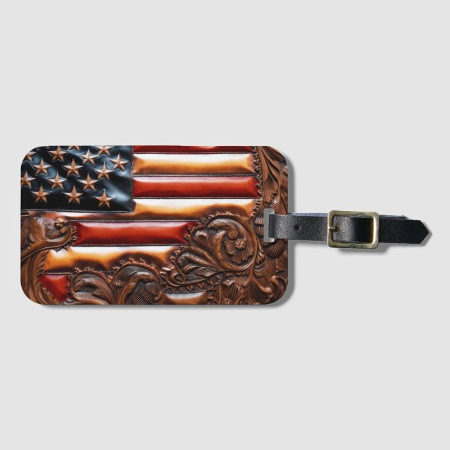 Beautiful Patriotic Western Faux Tooled Leather Luggage Tag (Front Horizontal)