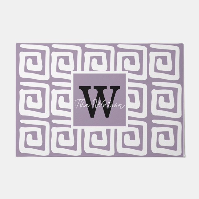 Beautiful pattern monogrammed greek key purple doormat (Front)