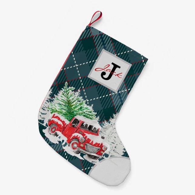 Beautiful pattern monogrammed red truck blue plaid small christmas stocking (Front (Hanging))