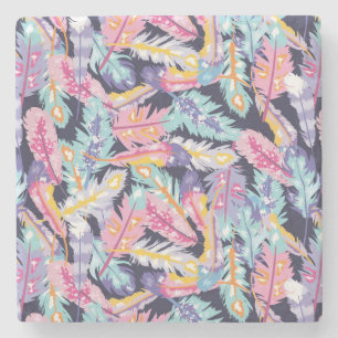 Beautiful Pattern of Colourful Boho Feathers Stone Coaster