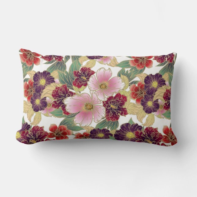 Beautiful Pattern with Floral Element Green Pink Lumbar Cushion (Front)