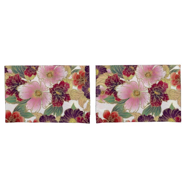 Beautiful Pattern with Floral Element Green Pink Pillowcase (Front-Set)