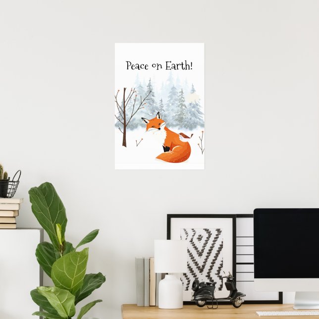 Beautiful Peace on Earth Red Fox Bird Winter  Poster (Home Office)
