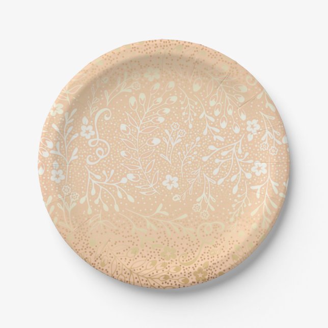 Beautiful Peach and Gold Floral Elegant Wedding Paper Plate (Front)