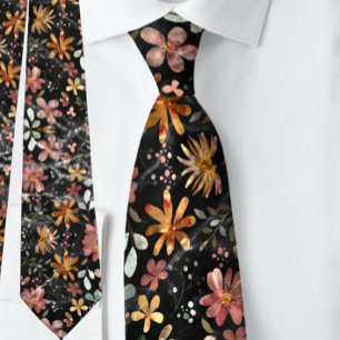 Beautiful Peach Black Summer Floral Watercolor Tie