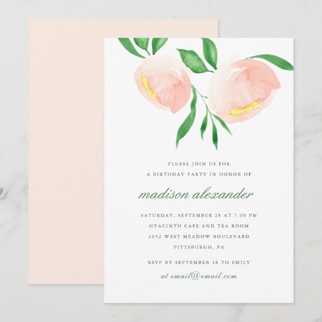 Beautiful Peach Blush Watercolor Flower Birthday Invitation (Front/Back)