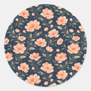 Beautiful Peach Flower Blossoms on Navy Blue Classic Round Sticker