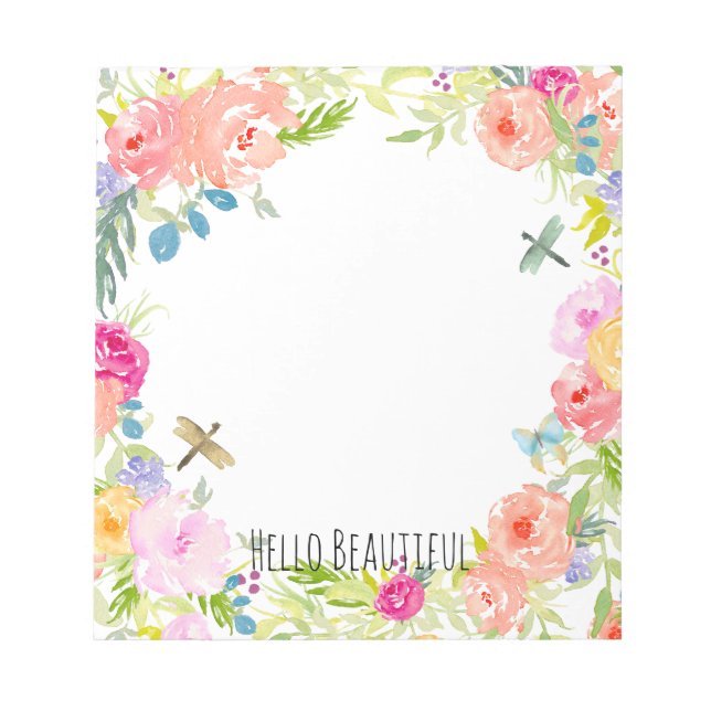 Beautiful Peach Pink Gold Yellow Watercolor Floral Notepad (Front)