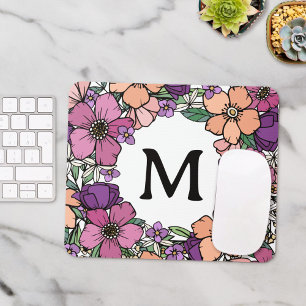 Beautiful Peach Purple Pink Floral Monogram Mouse Pad