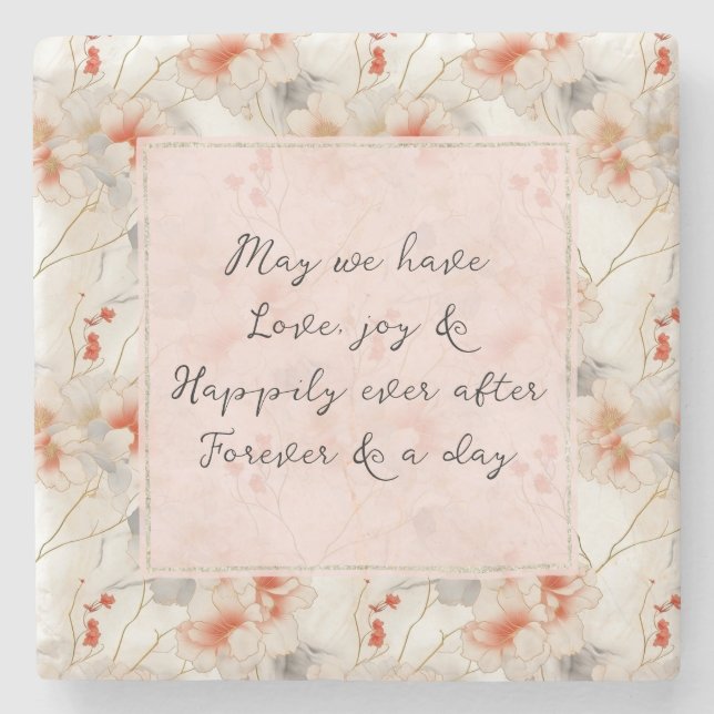 Beautiful Peach Red Floral Romantic Wedding Stone Coaster (Front)