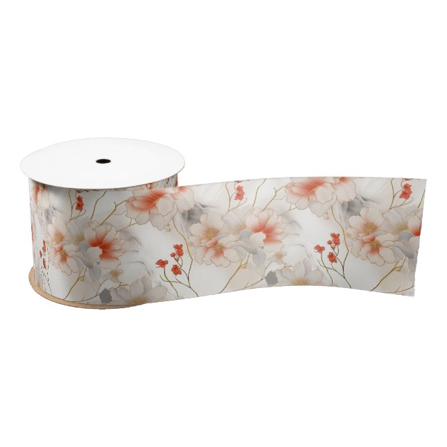 Beautiful Peach Red White Floral Satin Ribbon (Spool)