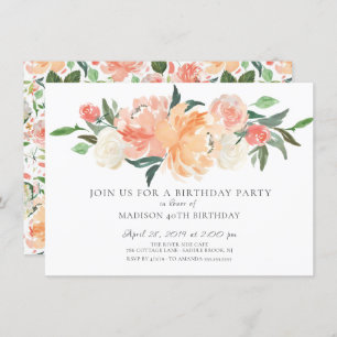 Beautiful Peach Watercolor Floral Birthday Party Invitation