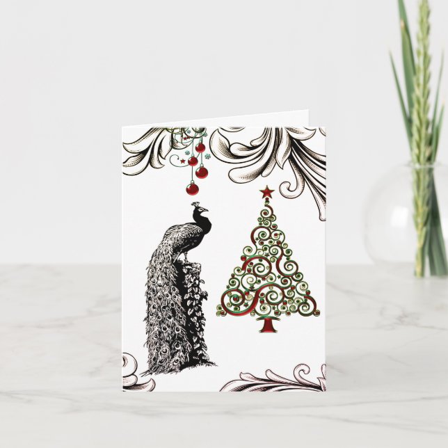 Beautiful Peacock and Christmas Tree Holiday Thank You Card (Front)