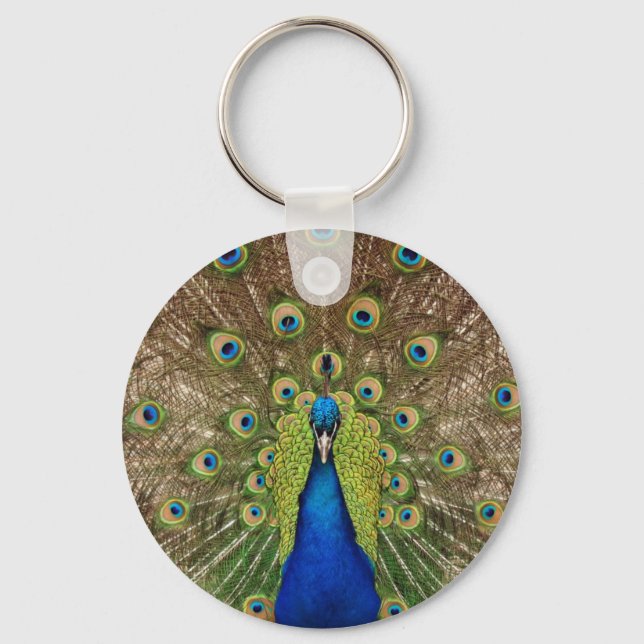Beautiful peacock and tail feathers print key ring (Front)