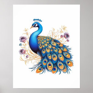 Beautiful peacock bird adorned with purple flowers poster