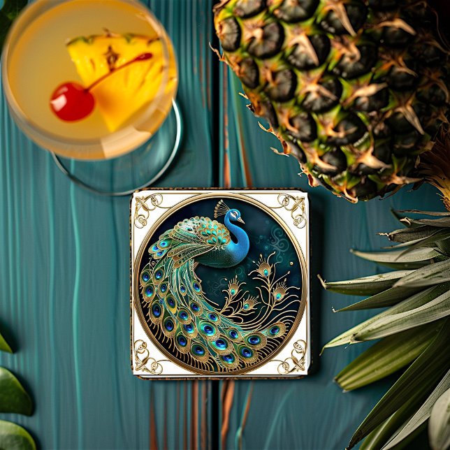 Beautiful Peacock Blue Gold Turquoise Art Deco   Square Paper Coaster (Creator Uploaded)