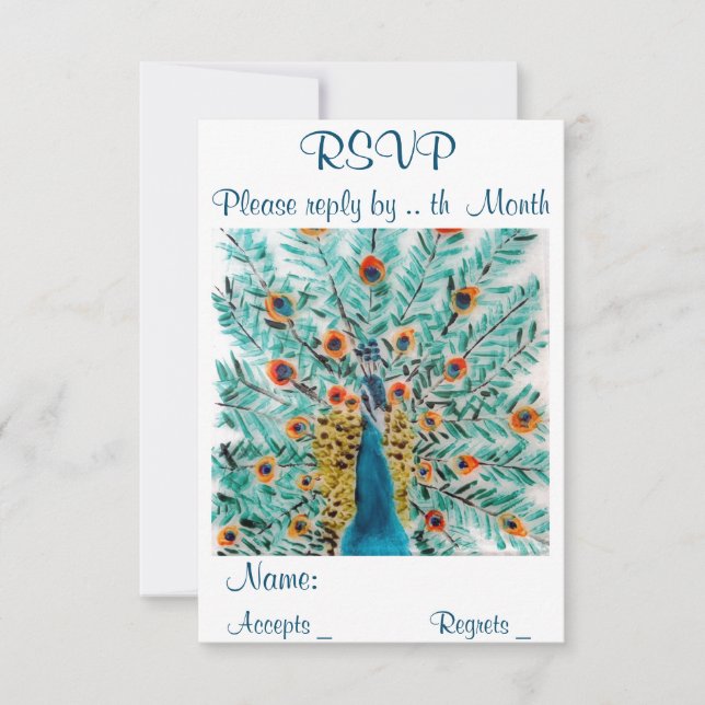 Beautiful Peacock Feathers Bird Art RSVP Card (Front)