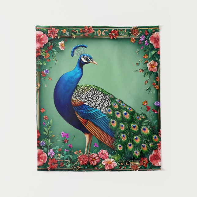 Beautiful peacock floral background tapestry (Front)