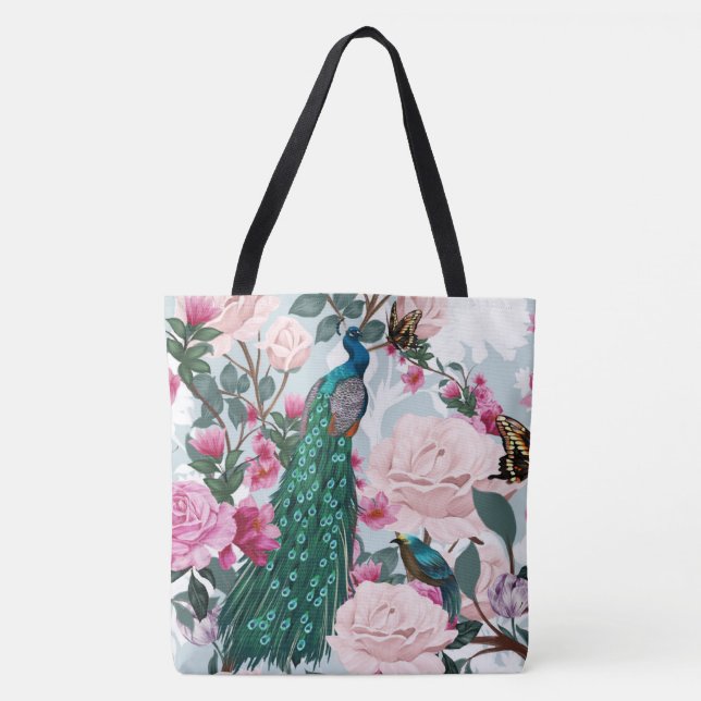 Beautiful Peacock Floral Fashion Tote (Front)
