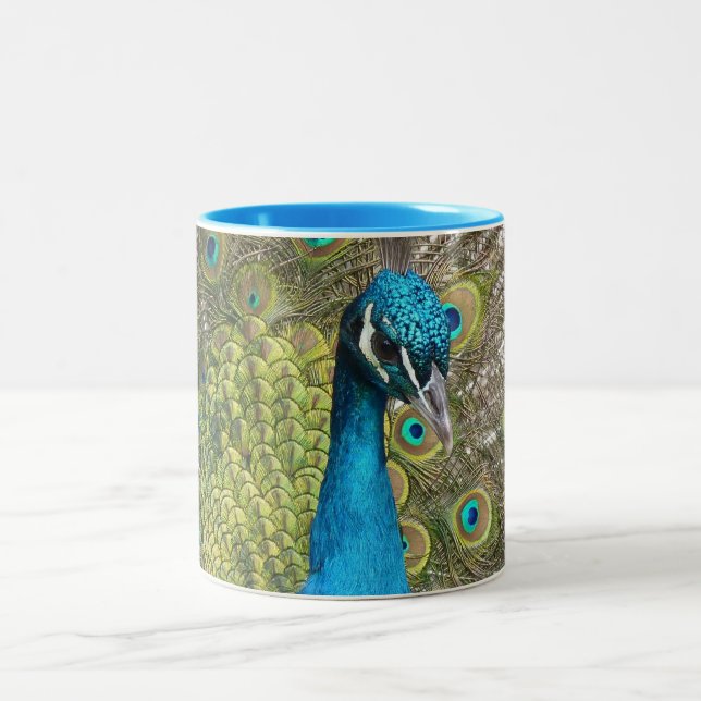 beautiful peacock image Two-Tone coffee mug (Center)