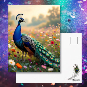 Beautiful Peacock in a Floral Field Postcard