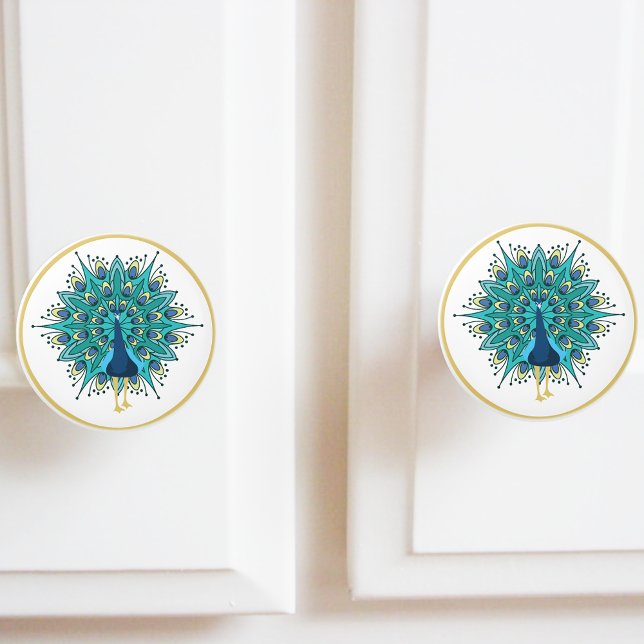 Beautiful Peacock in Blue Teal Gold Ceramic Knob (Creator Uploaded)