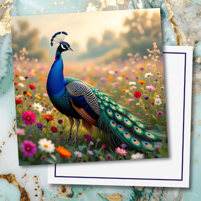 Beautiful Peacock in Field of Flowers  Card (Creator Uploaded)