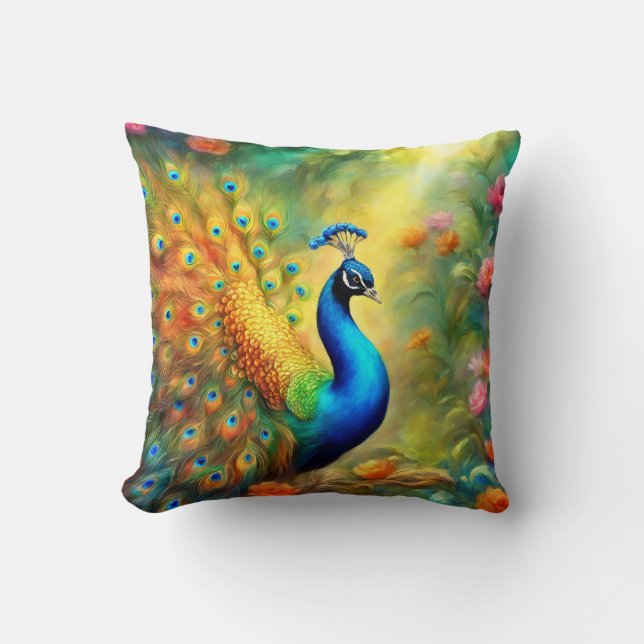 Beautiful Peacock in Garden Bird 98 Cushion (Front)